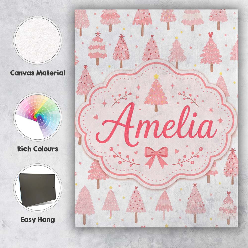 Personalised Name Pink Christmas Tree Custom Modern Room Accent Creative Decorator Style Canvas Wall Art Print Decor Picture Ready to Hang