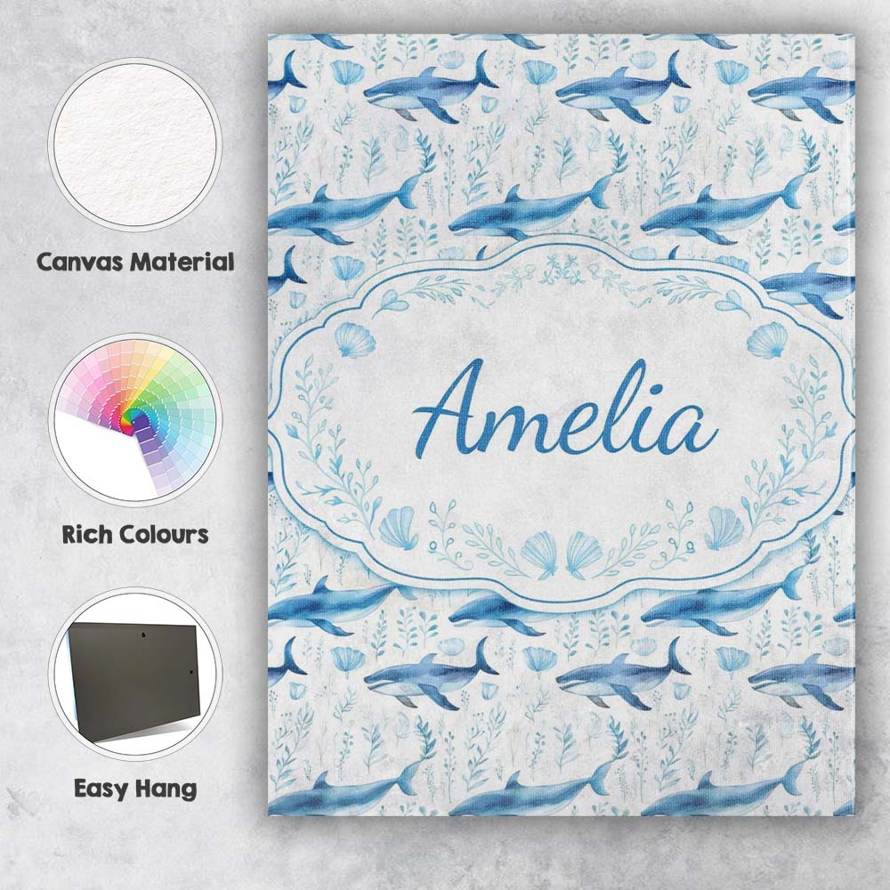 Personalised Name Watercolor Blue Dolphin Seaweed Seamless Pattern Custom Unique Canvas Wall Art Print Decor Picture Ready to Hang