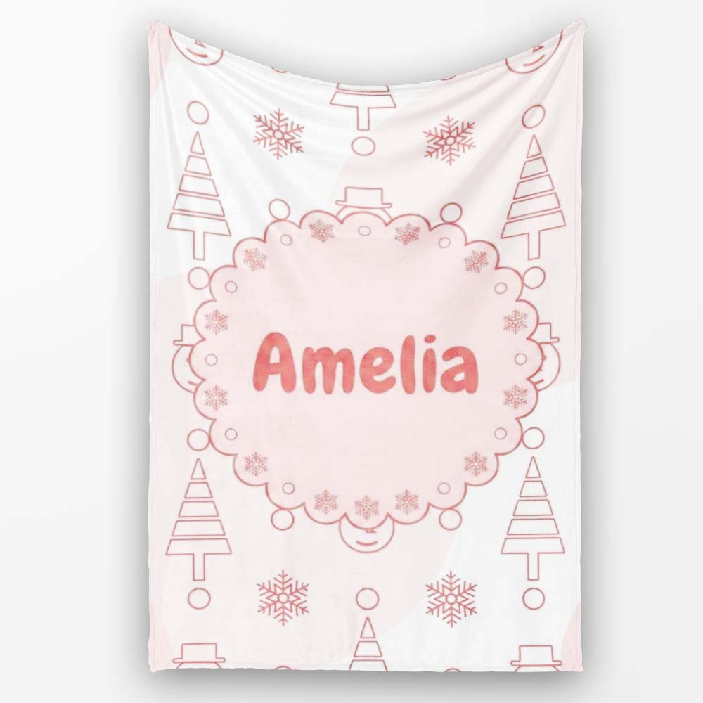 Minimal Line Christmas Tree Snowman Seamless Pattern Lovely Personalised Custom Name Super Soft Fleece Blanket Bed Sofa Throw