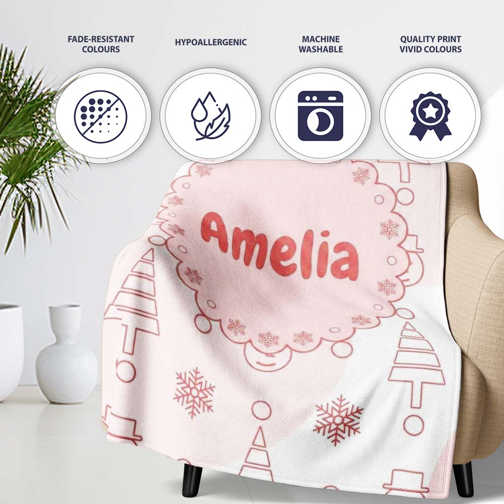 Minimal Line Christmas Tree Snowman Seamless Pattern Lovely Personalised Custom Name Super Soft Fleece Blanket Bed Sofa Throw