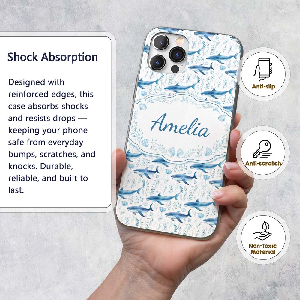 Watercolor Blue Dolphin Seaweed Seamless Pattern Custom Name Protective Phone Case Mobile Cover Durable Everyday Smartphone Shock Resistant