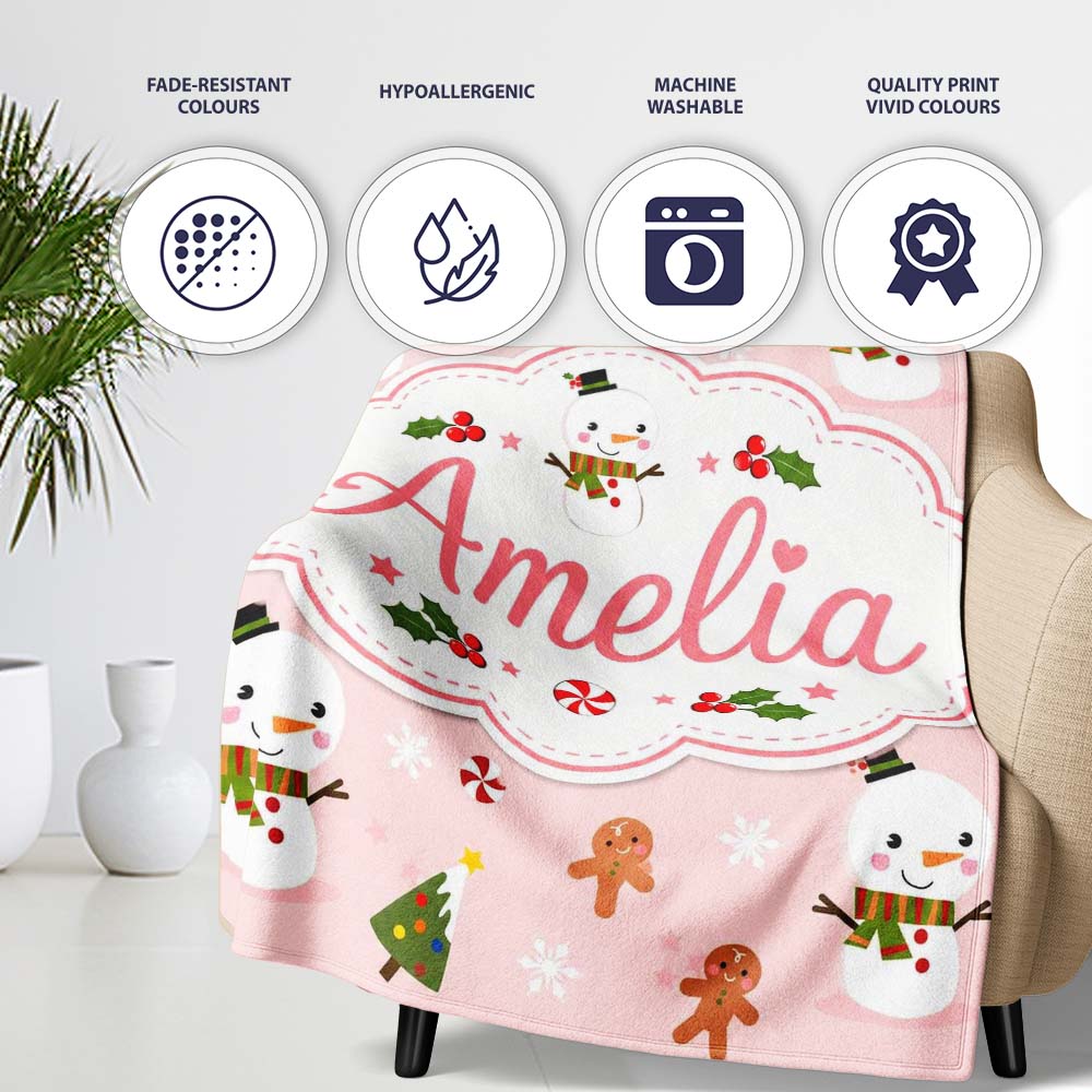 Cute Snowman Gingerbread Candy Winter Seamless Pattern Lovely Personalised Custom Name Super Soft Fleece Blanket Bed Sofa Throw