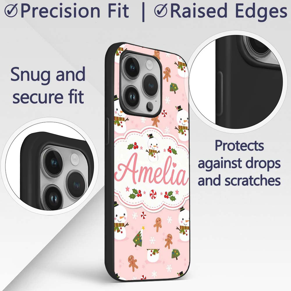 Cute Snowman Gingerbread Candy Winter Seamless Custom Name Protective Phone Case Mobile Cover Durable Everyday Smartphone Shock Resistant