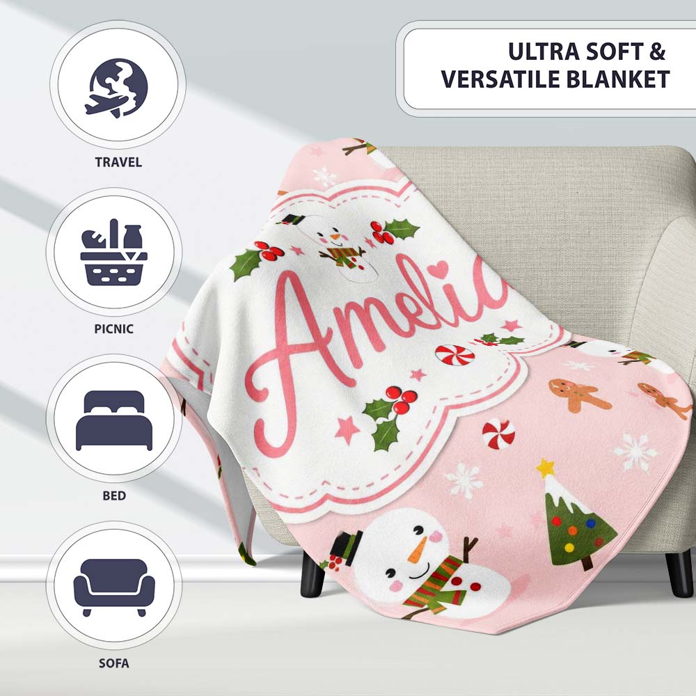 Cute Snowman Gingerbread Candy Winter Seamless Pattern Lovely Personalised Custom Name Super Soft Fleece Blanket Bed Sofa Throw
