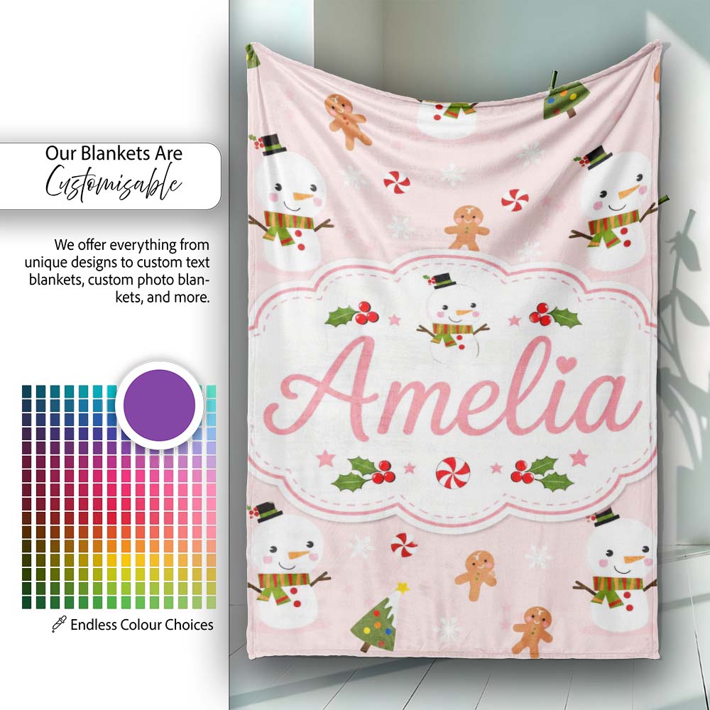 Cute Snowman Gingerbread Candy Winter Seamless Pattern Lovely Personalised Custom Name Super Soft Fleece Blanket Bed Sofa Throw
