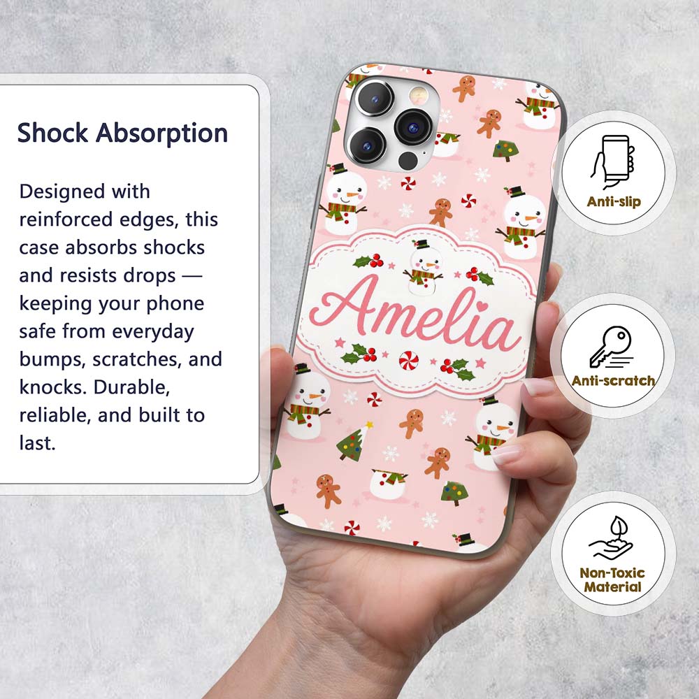 Cute Snowman Gingerbread Candy Winter Seamless Custom Name Protective Phone Case Mobile Cover Durable Everyday Smartphone Shock Resistant