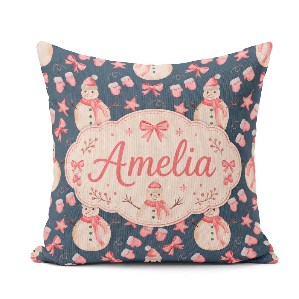 Custom Name Watercolor Snowman Mittens Bow Winter Pattern Lovely Square Filled Cushion Throw Pillow Sofa Bed Home Decor Zip Washable UK Made