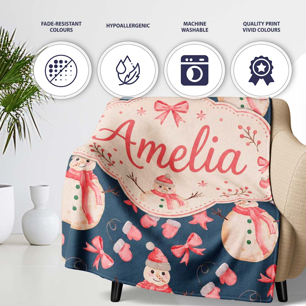 Watercolor Snowman Mittens Bow Winter Seamless Pattern Lovely Personalised Custom Name Super Soft Fleece Blanket Bed Sofa Throw