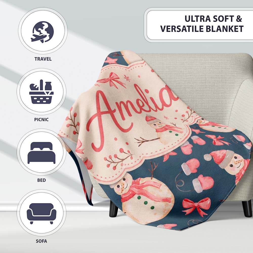 Watercolor Snowman Mittens Bow Winter Seamless Pattern Lovely Personalised Custom Name Super Soft Fleece Blanket Bed Sofa Throw