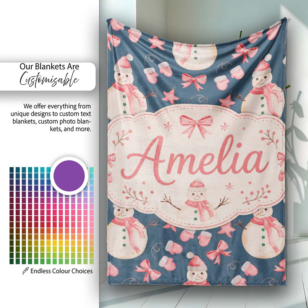 Watercolor Snowman Mittens Bow Winter Seamless Pattern Lovely Personalised Custom Name Super Soft Fleece Blanket Bed Sofa Throw