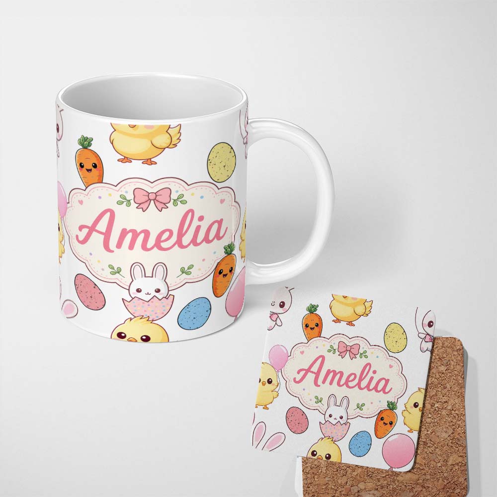 Personalized Custom Name Cute Easter Bunny Chick Carrots Eggs Polka Dot Seamless Pattern Grey 11oz Ceramic Coffee Tea Mug White Large Handle
