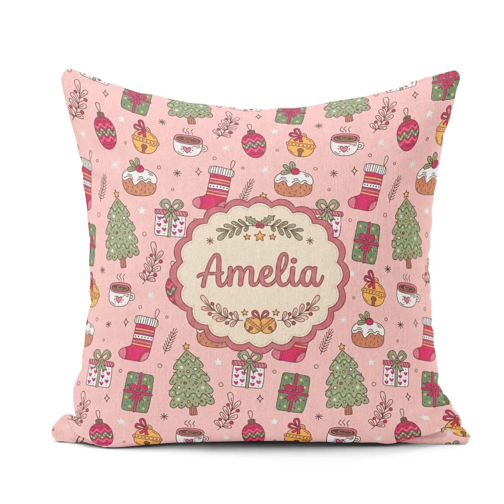 Custom Name Festive Christmas Tree Coffee Cozy Seamless Pattern Square Filled Cushion Throw Pillow Sofa Bed Home Decor Zip Washable UK Made