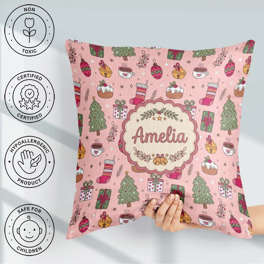 Custom Name Festive Christmas Tree Coffee Cozy Seamless Pattern Square Filled Cushion Throw Pillow Sofa Bed Home Decor Zip Washable UK Made