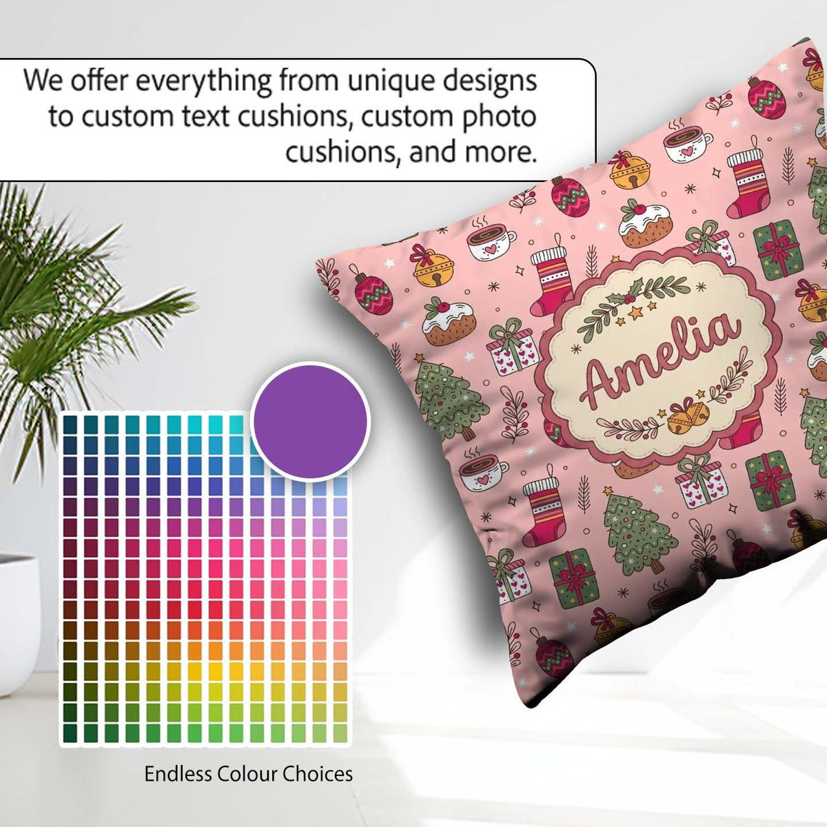 Custom Name Festive Christmas Tree Coffee Cozy Seamless Pattern Square Filled Cushion Throw Pillow Sofa Bed Home Decor Zip Washable UK Made