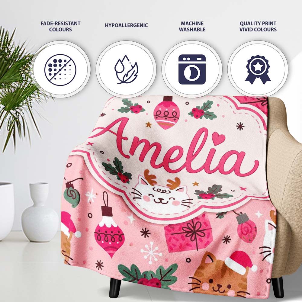 Cute Christmas Cats Gifts Baubles Holly Seamless Pattern Lovely Personalised Custom Name Super Soft Fleece Blanket Bed Sofa Throw