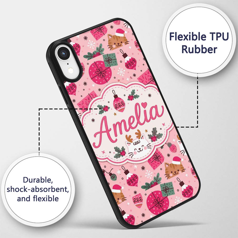 Cute Christmas Cats Gifts Baubles Holly Seamless Custom Name Protective Phone Case Mobile Cover Durable Everyday Smartphone Shock Resistant