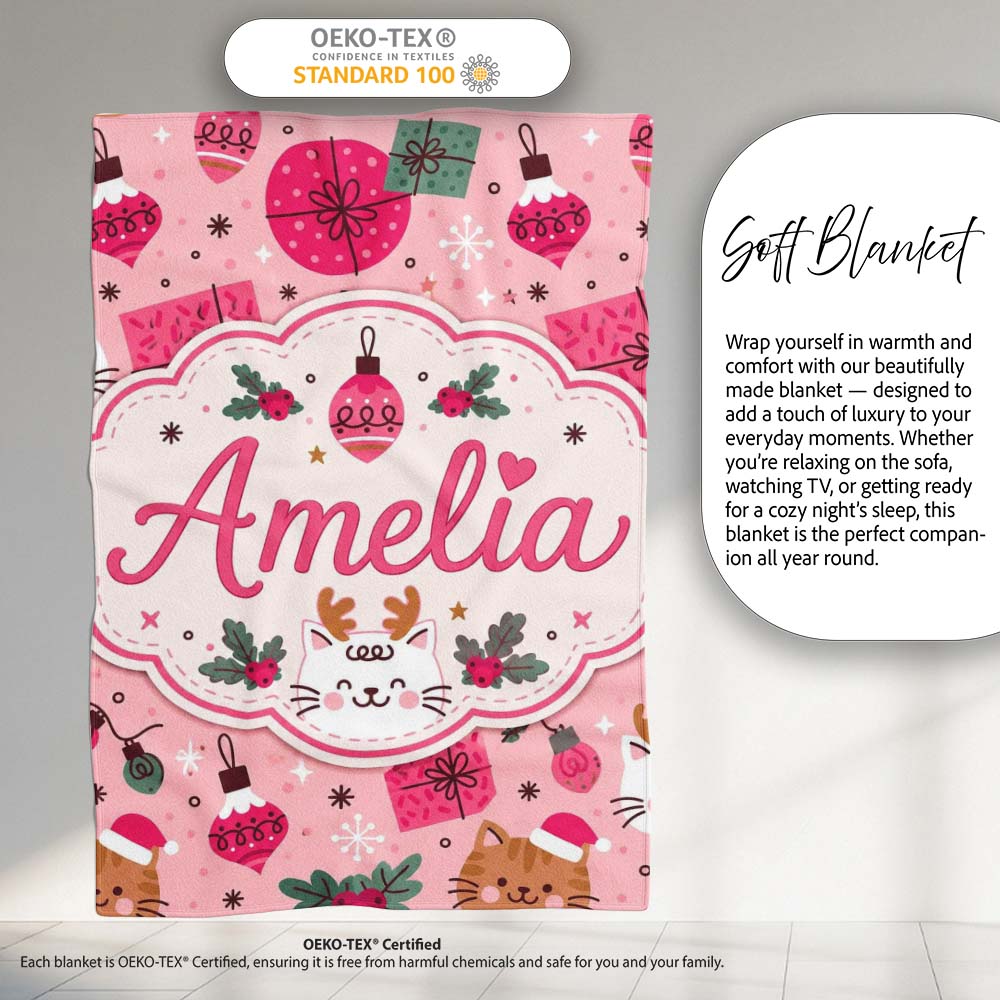 Cute Christmas Cats Gifts Baubles Holly Seamless Pattern Lovely Personalised Custom Name Super Soft Fleece Blanket Bed Sofa Throw