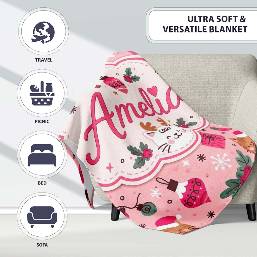 Cute Christmas Cats Gifts Baubles Holly Seamless Pattern Lovely Personalised Custom Name Super Soft Fleece Blanket Bed Sofa Throw