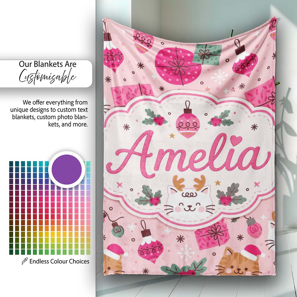 Cute Christmas Cats Gifts Baubles Holly Seamless Pattern Lovely Personalised Custom Name Super Soft Fleece Blanket Bed Sofa Throw