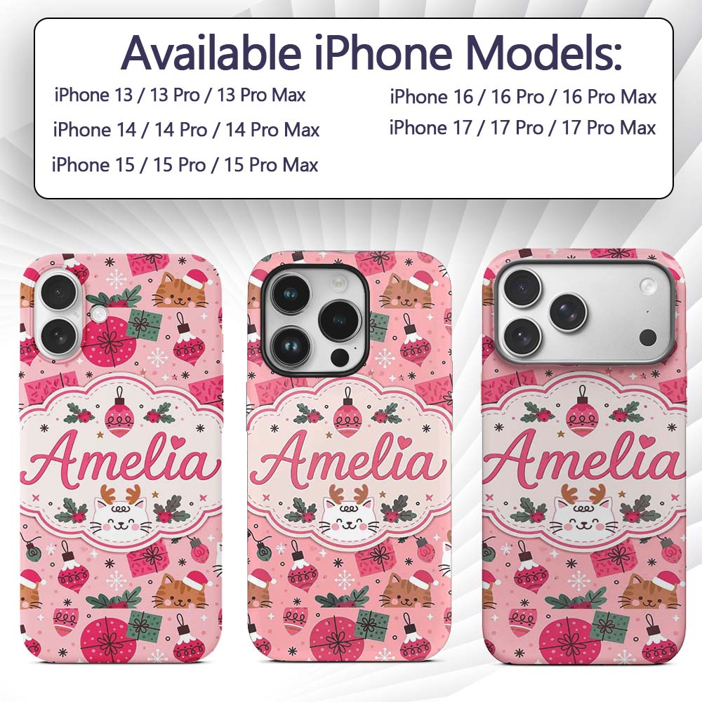 Cute Christmas Cats Gifts Baubles Holly Seamless Custom Name Protective Phone Case Mobile Cover Durable Everyday Smartphone Shock Resistant