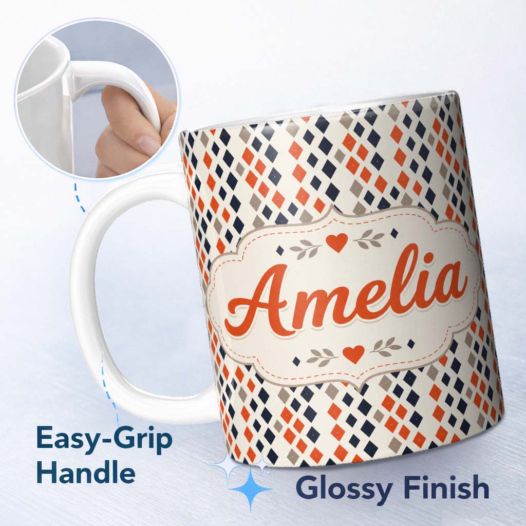 Personalized Custom Name Diamond Geometric Seamless Pattern in Navy Orange Beige Lovely 11oz Ceramic Coffee Tea Mug White Large Handle