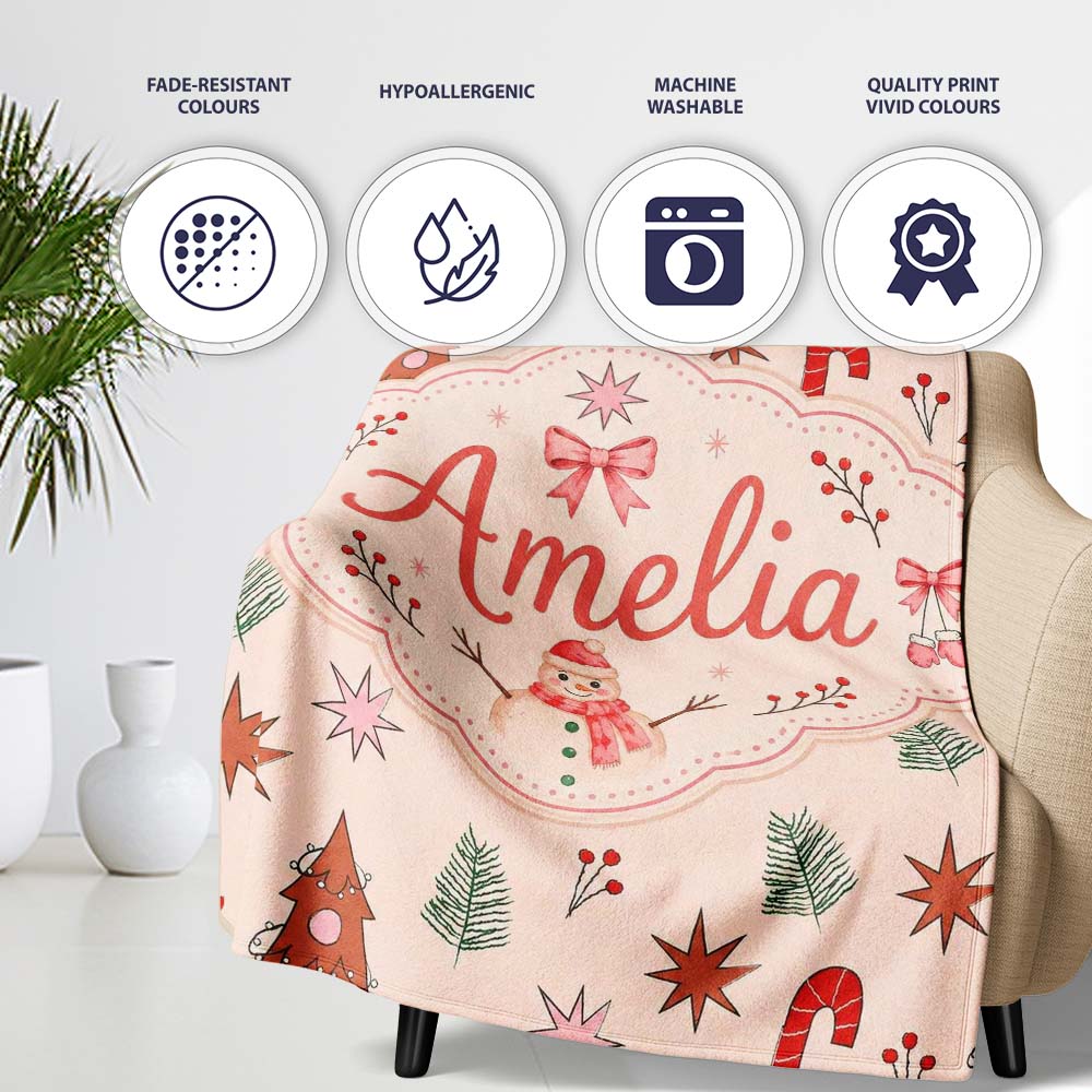 Cute Hand Drawn Christmas Trees Candy Cane Seamless Pattern Lovely Personalised Custom Name Super Soft Fleece Blanket Bed Sofa Throw