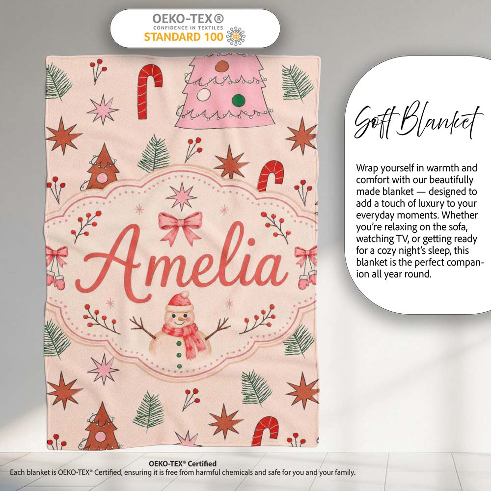 Cute Hand Drawn Christmas Trees Candy Cane Seamless Pattern Lovely Personalised Custom Name Super Soft Fleece Blanket Bed Sofa Throw