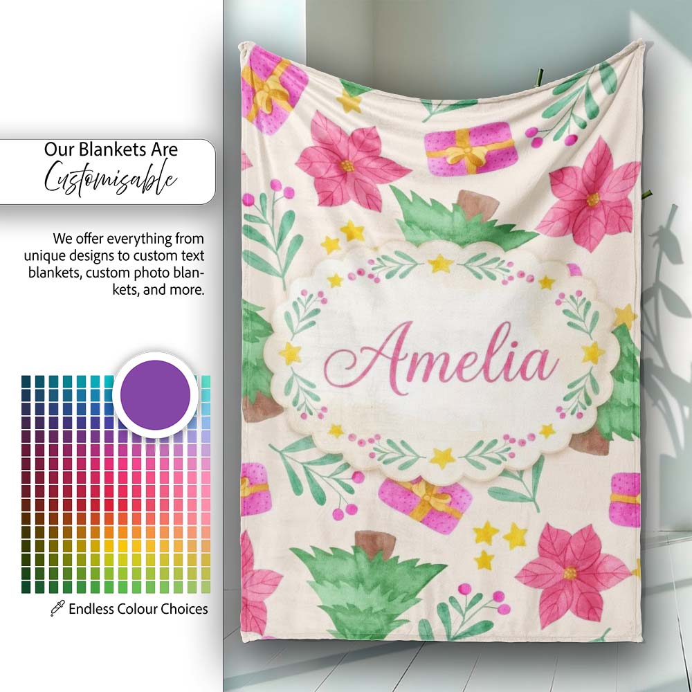 Watercolor Christmas Poinsettia Gift Seamless Pattern Lovely Personalised Custom Name Super Soft Fleece Blanket Bed Sofa Throw