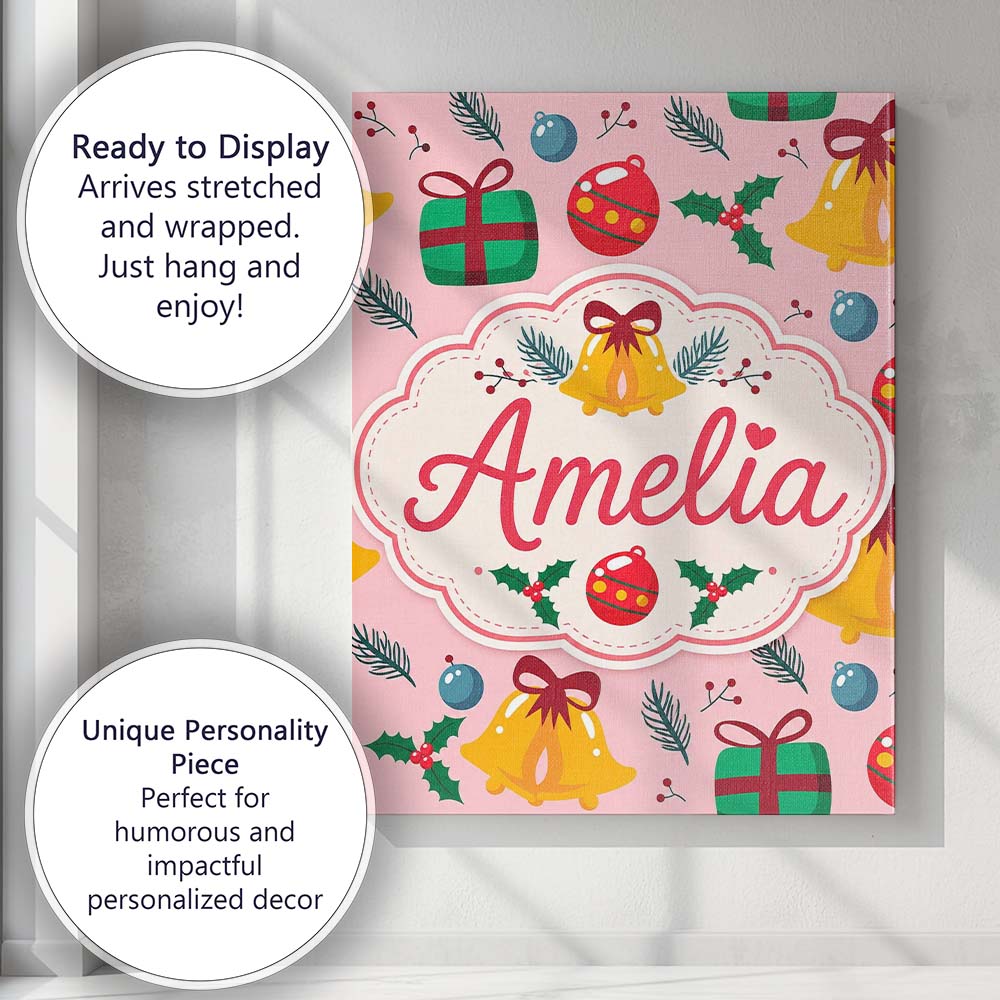 Personalised Name Festive Bells Gift Holly Custom Bespoke Contemporary Statement Canvas Wall Art Print Decor Picture Ready to Hang
