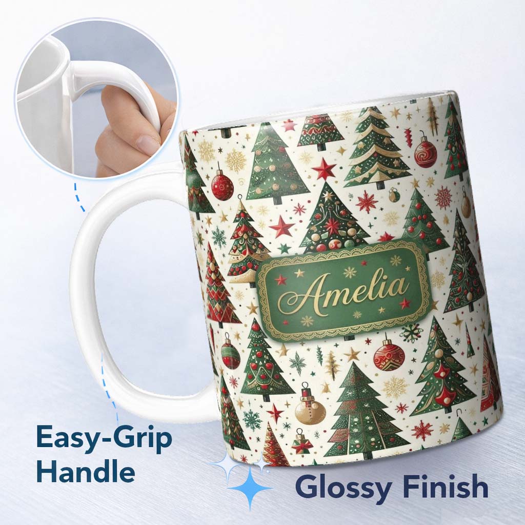 Personalized Custom Name Classic Christmas Tree Ornaments and Festive Decor Seamless Pattern 11oz Ceramic Coffee Tea Mug White Large Handle