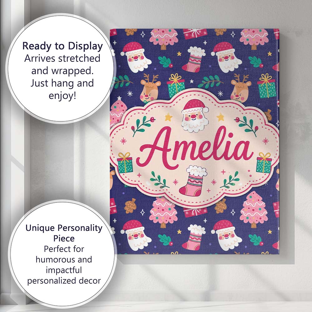 Personalised Name Cute Santa Reindeer Tree Custom Unique Gift Idea Elegant Feature Canvas Wall Art Print Decor Picture Ready to Hang