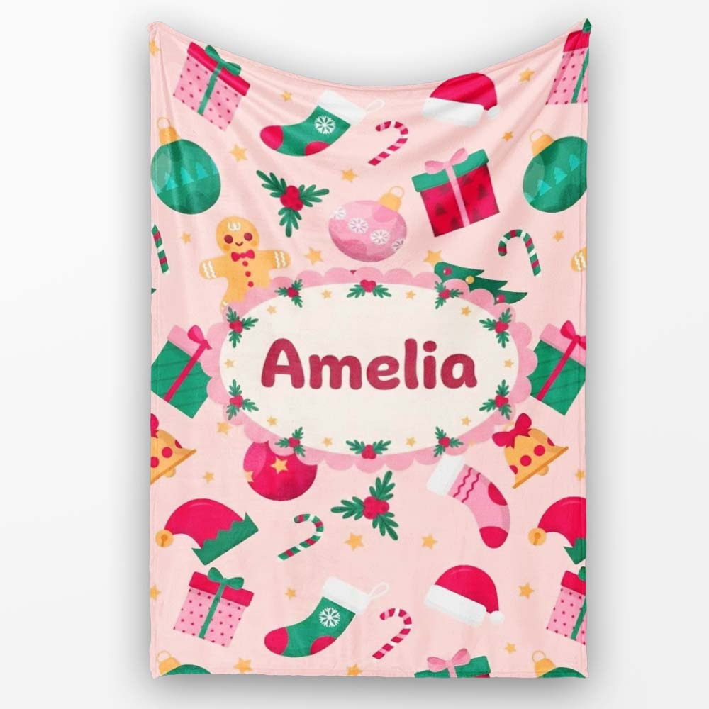 Cute Gingerbread Candy Cane Christmas Seamless Pattern Lovely Personalised Custom Name Super Soft Fleece Blanket Bed Sofa Throw