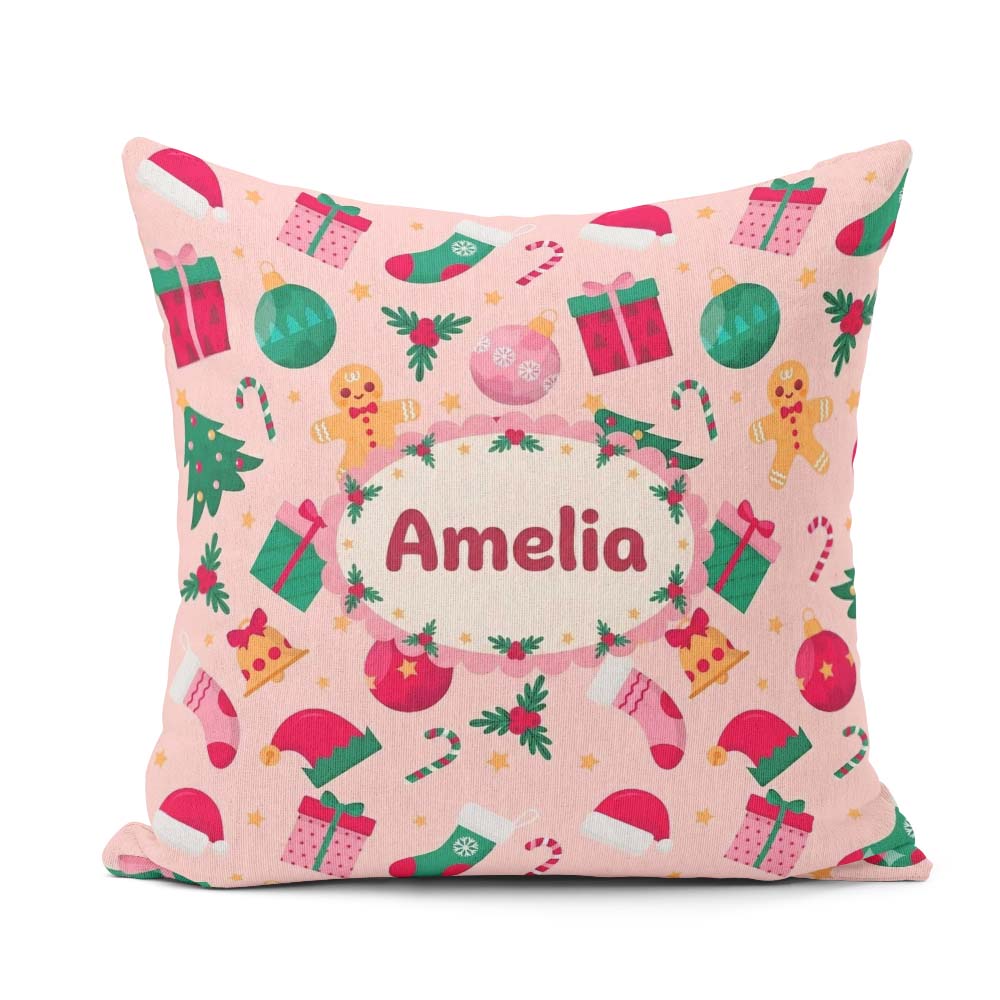 Custom Name Gingerbread Candy Cane Christmas Seamless Pattern Square Filled Cushion Throw Pillow Sofa Bed Home Decor Zip Washable UK Made