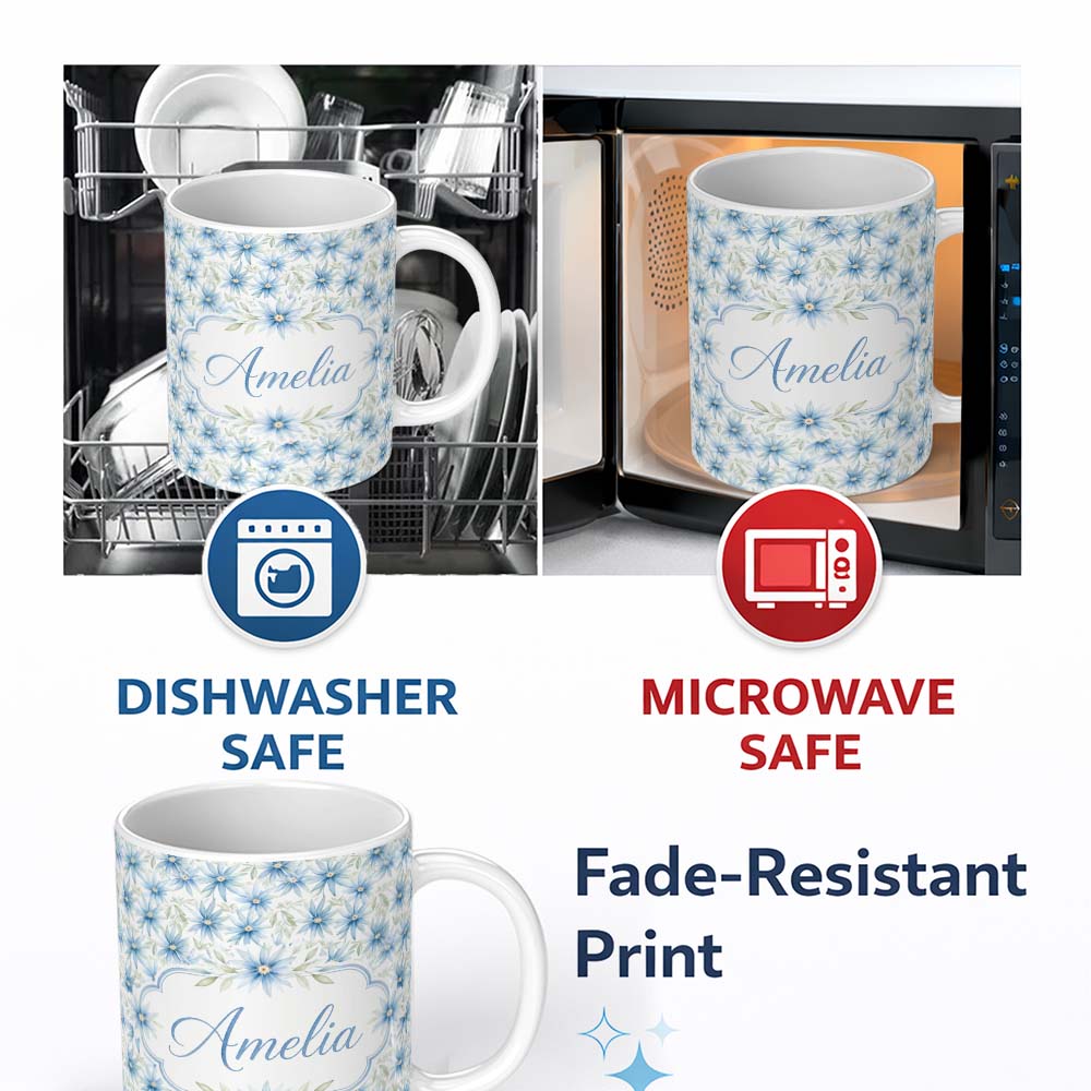 Personalized Custom Name Light Blue Daisy Style Floral Seamless Pattern Thoughtful Gift Idea 11oz Ceramic Coffee Tea Mug White Large Handle