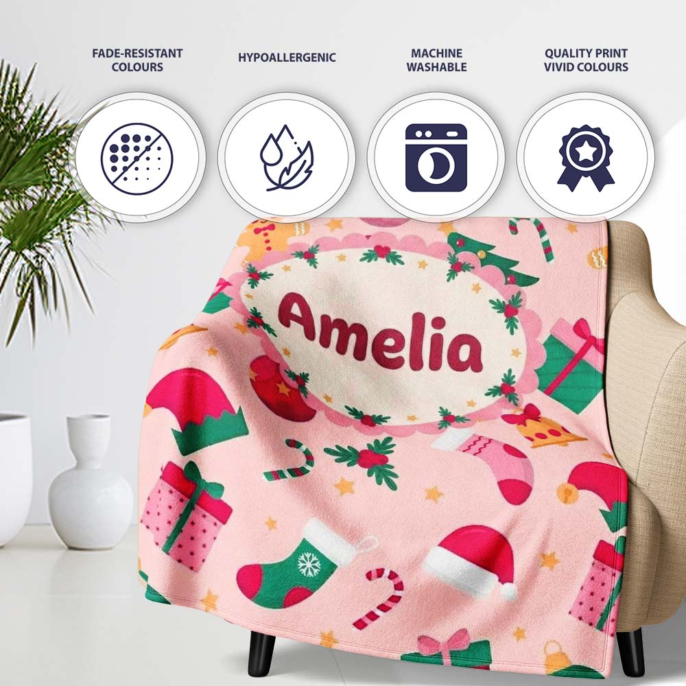 Cute Gingerbread Candy Cane Christmas Seamless Pattern Lovely Personalised Custom Name Super Soft Fleece Blanket Bed Sofa Throw