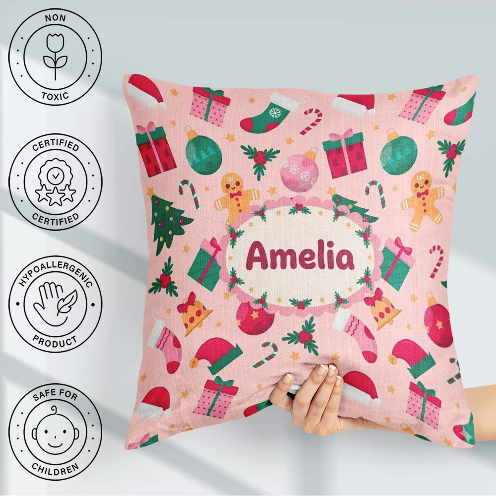 Custom Name Gingerbread Candy Cane Christmas Seamless Pattern Square Filled Cushion Throw Pillow Sofa Bed Home Decor Zip Washable UK Made