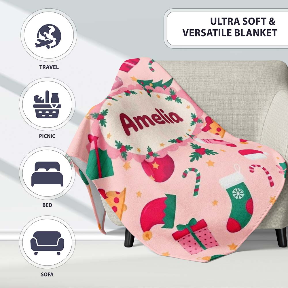 Cute Gingerbread Candy Cane Christmas Seamless Pattern Lovely Personalised Custom Name Super Soft Fleece Blanket Bed Sofa Throw