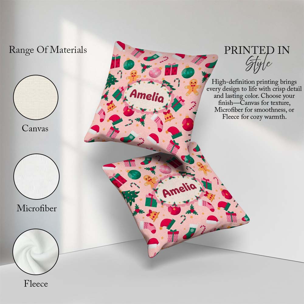 Custom Name Gingerbread Candy Cane Christmas Seamless Pattern Square Filled Cushion Throw Pillow Sofa Bed Home Decor Zip Washable UK Made