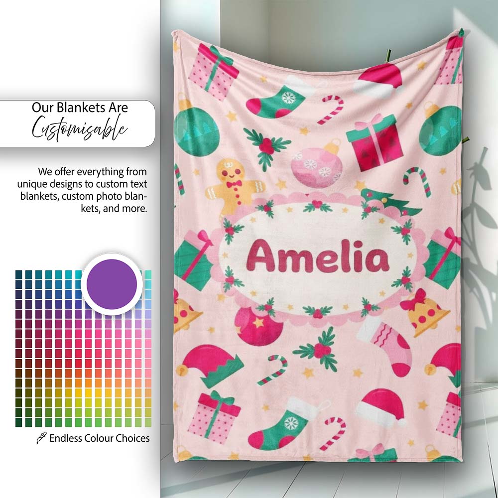 Cute Gingerbread Candy Cane Christmas Seamless Pattern Lovely Personalised Custom Name Super Soft Fleece Blanket Bed Sofa Throw