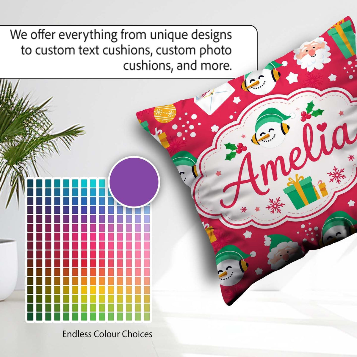 Custom Name Cute Santa Snowman Letter Gift Seamless Pattern Idea Square Filled Cushion Throw Pillow Sofa Bed Home Decor Zip Washable UK Made