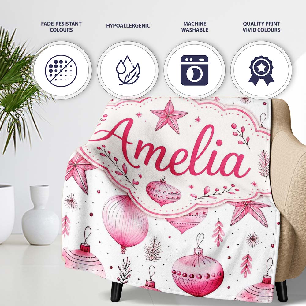 Watercolor Pink Baubles Star Ornament Seamless Pattern Lovely Personalised Custom Name Super Soft Fleece Blanket Bed Sofa Throw