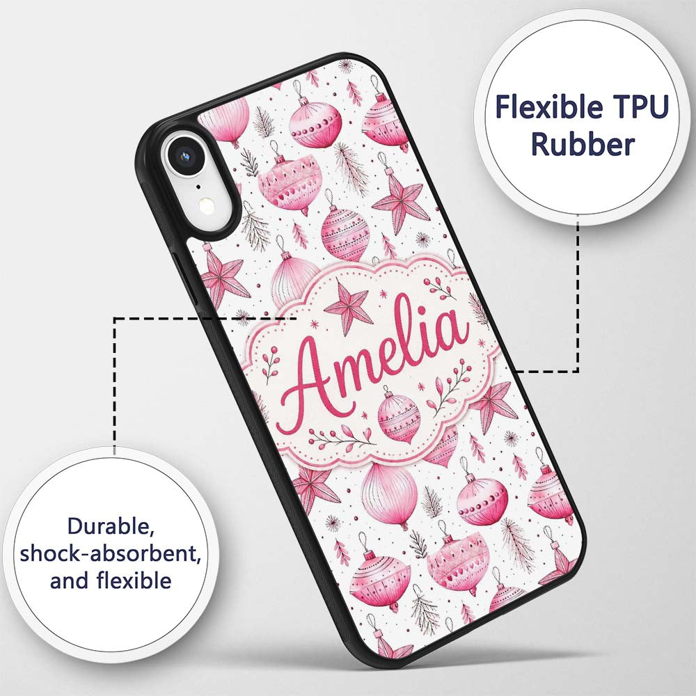 Watercolor Pink Baubles Star Ornament Seamless Custom Name Protective Phone Case Mobile Cover Durable Everyday Smartphone Shock Resistant