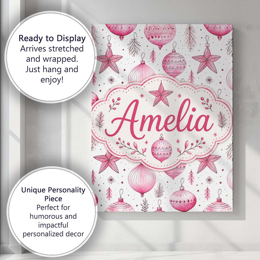 Personalised Name Watercolor Pink Baubles Custom Unique Gift Idea Elegant Feature Canvas Wall Art Print Decor Picture Ready to Hang