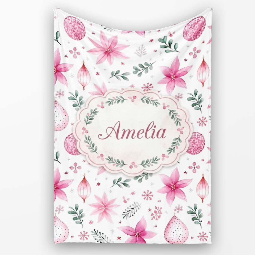 Watercolor Pink Poinsettia Leaves Christmas Seamless Pattern Lovely Personalised Custom Name Super Soft Fleece Blanket Bed Sofa Throw