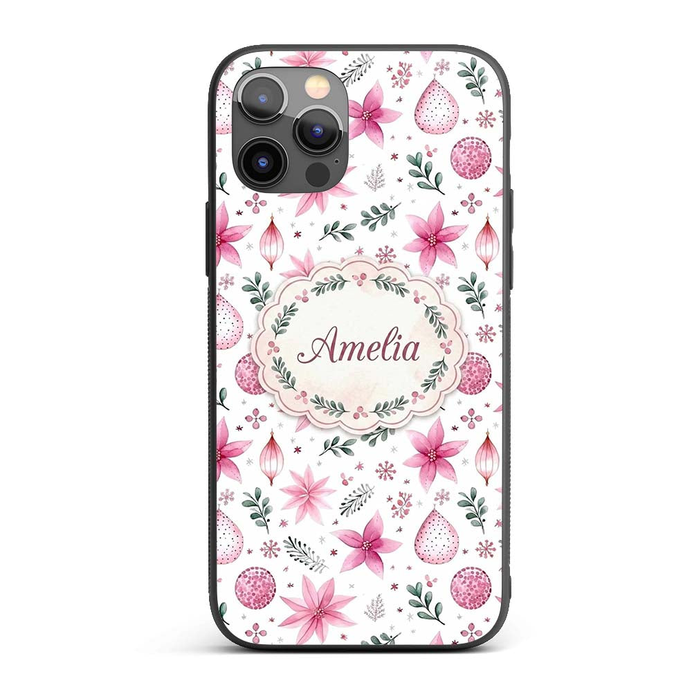 Watercolor Pink Poinsettia Leaves Printed Design Custom Name Protective Phone Case Mobile Cover Durable Everyday Smartphone Shock Resistant