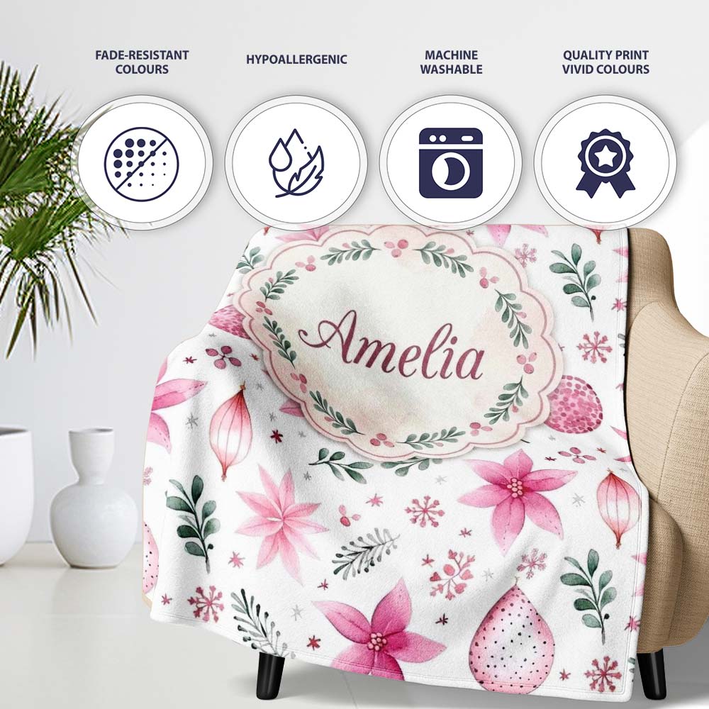 Watercolor Pink Poinsettia Leaves Christmas Seamless Pattern Lovely Personalised Custom Name Super Soft Fleece Blanket Bed Sofa Throw
