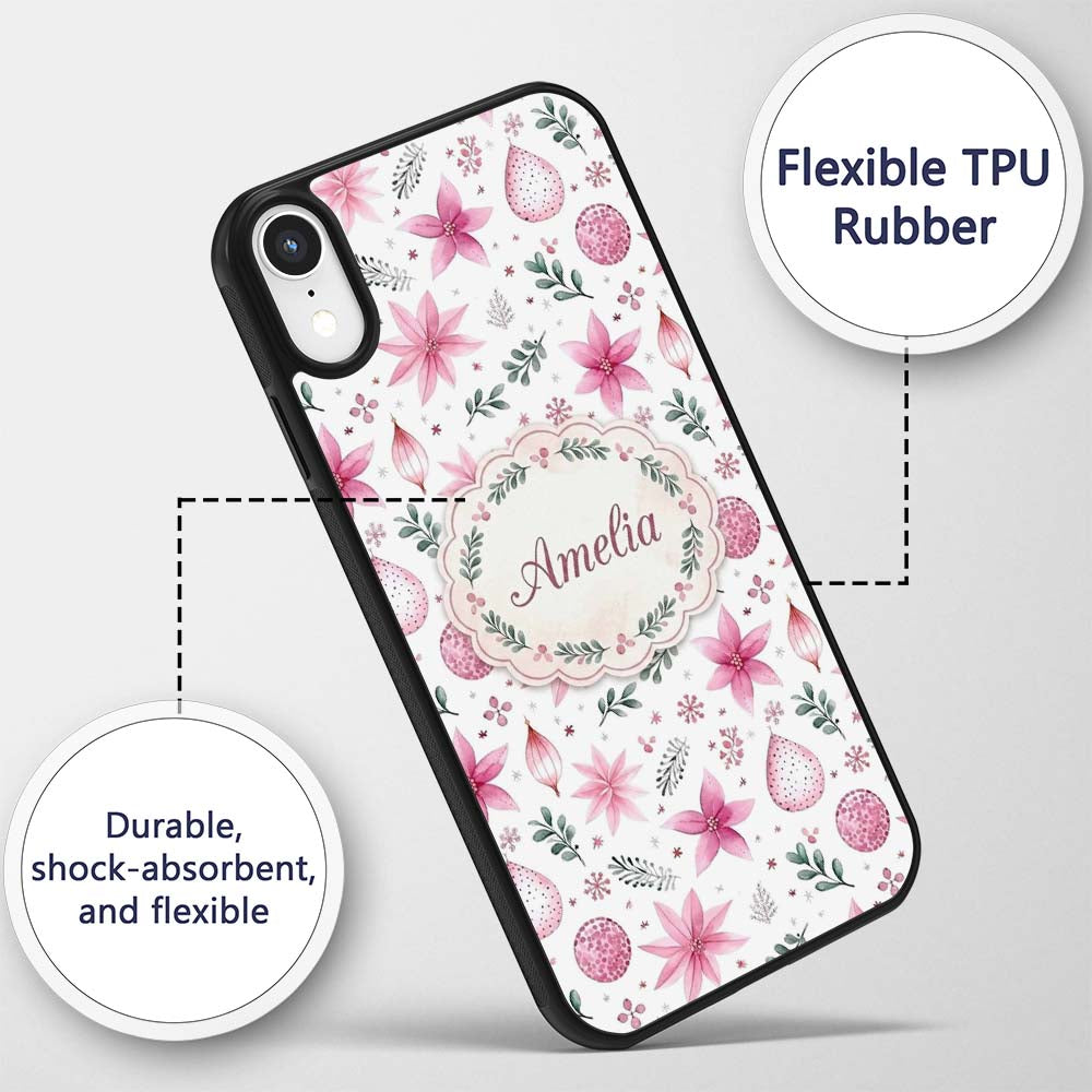 Watercolor Pink Poinsettia Leaves Printed Design Custom Name Protective Phone Case Mobile Cover Durable Everyday Smartphone Shock Resistant