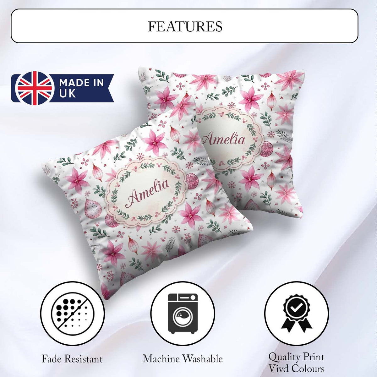Custom Name Watercolor Pink Poinsettia Leaves Christmas Seamless Square Filled Cushion Throw Pillow Sofa Bed Home Decor Zip Washable UK Made