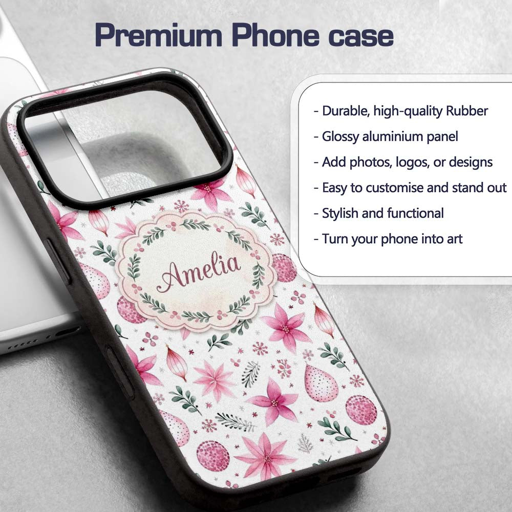 Watercolor Pink Poinsettia Leaves Printed Design Custom Name Protective Phone Case Mobile Cover Durable Everyday Smartphone Shock Resistant