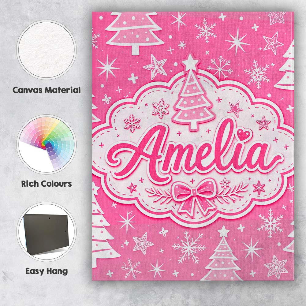 Personalised Name Pink Christmas Trees Custom Modern Room Accent Elegant Feature Canvas Wall Art Print Decor Picture Ready to Hang
